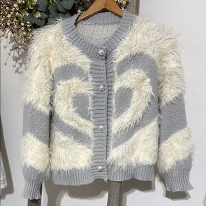 Gray and Cream Fuzzy Cardigan with Pearl Buttons